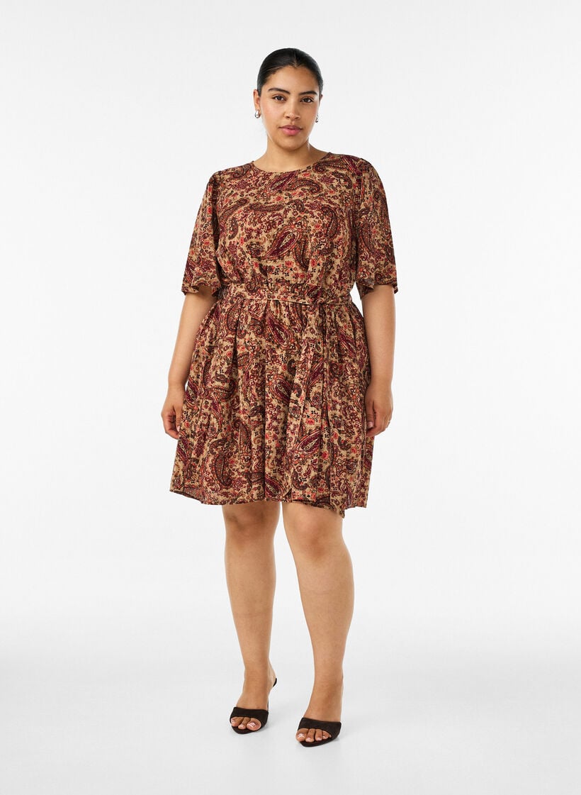 Dress with paisley print and tie-belt, Brown, Model image number 1