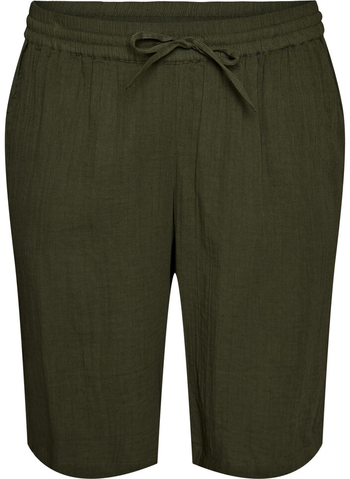 Loose cotton muslin shorts with a high waist, Green, Packshot image number 0