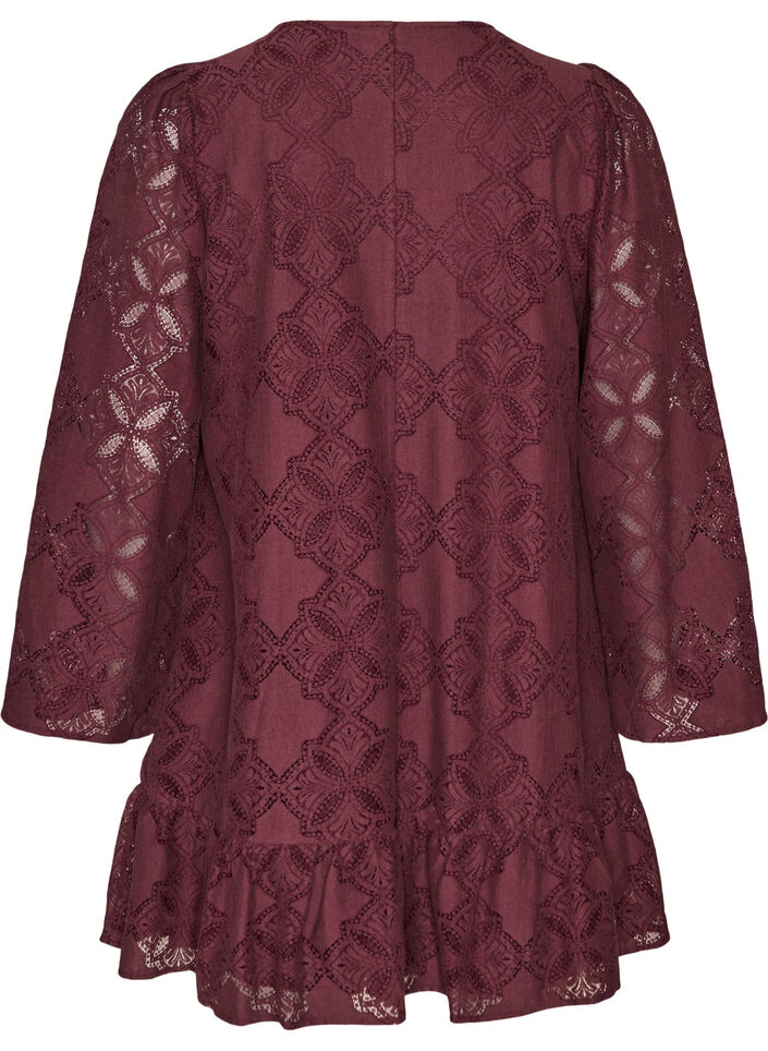Lace dress with long sleeves and ruffle hem, Dark Bordeaux, Packshot image number 1
