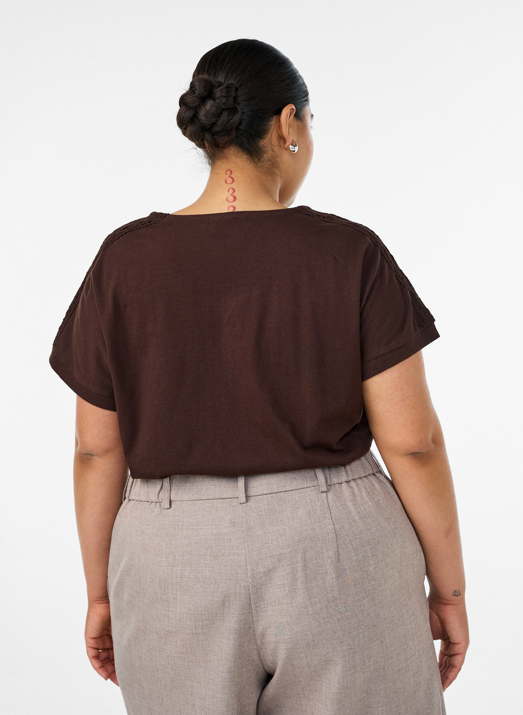 ZizzifashionCotton T-shirt with crochet detail, Brown, Model image number 2