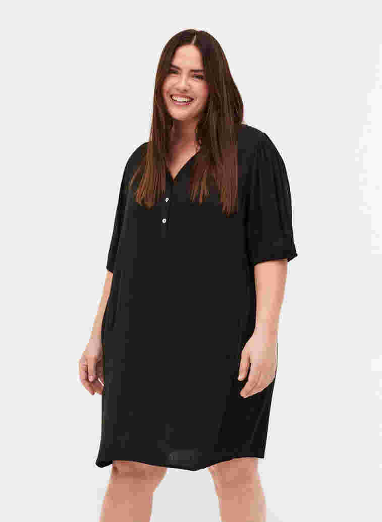 Viscose tunic with V-neck and buttons, Black, Model image number 0