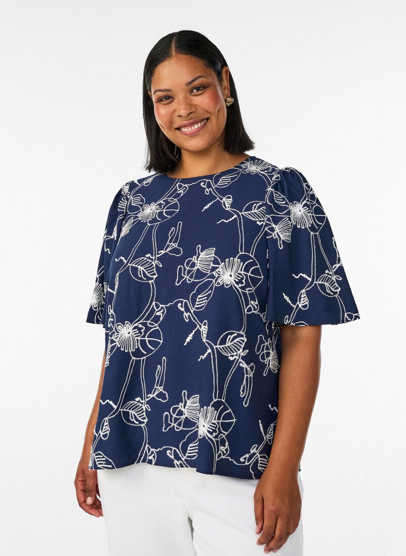 Short-sleeved blouse with embroidered pattern, Blue, Model image number 0