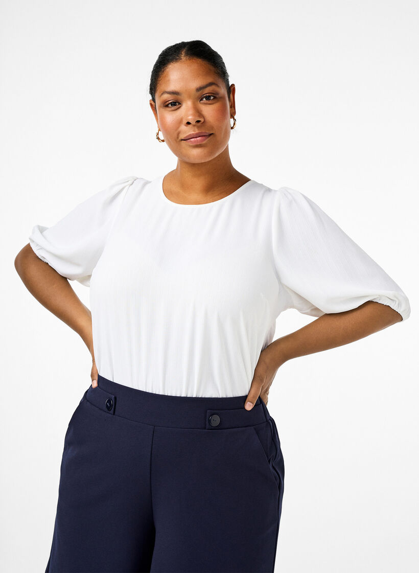 Short-sleeved blouse with a bow at the back, Bright White, Model image number 0