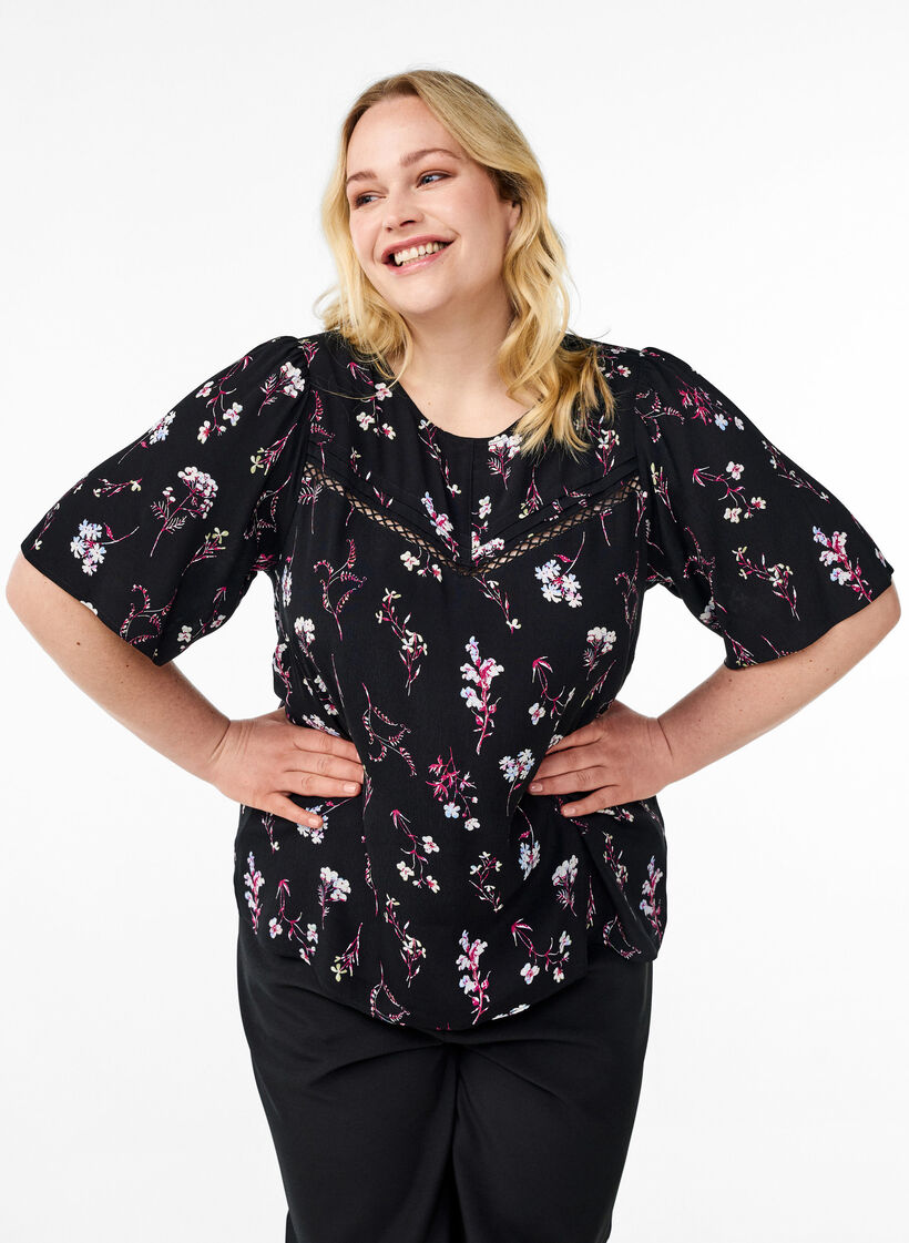 Floral blouse with short sleeves, Black, Model image number 0