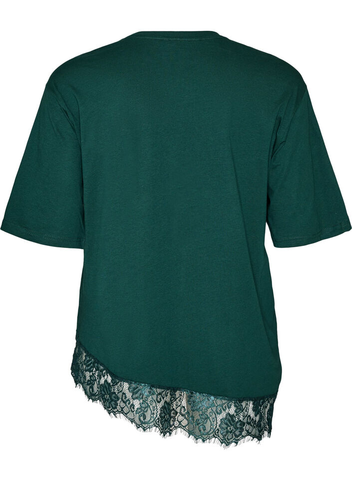 T-shirt with asymmetric lace hem, Green, Packshot image number 1