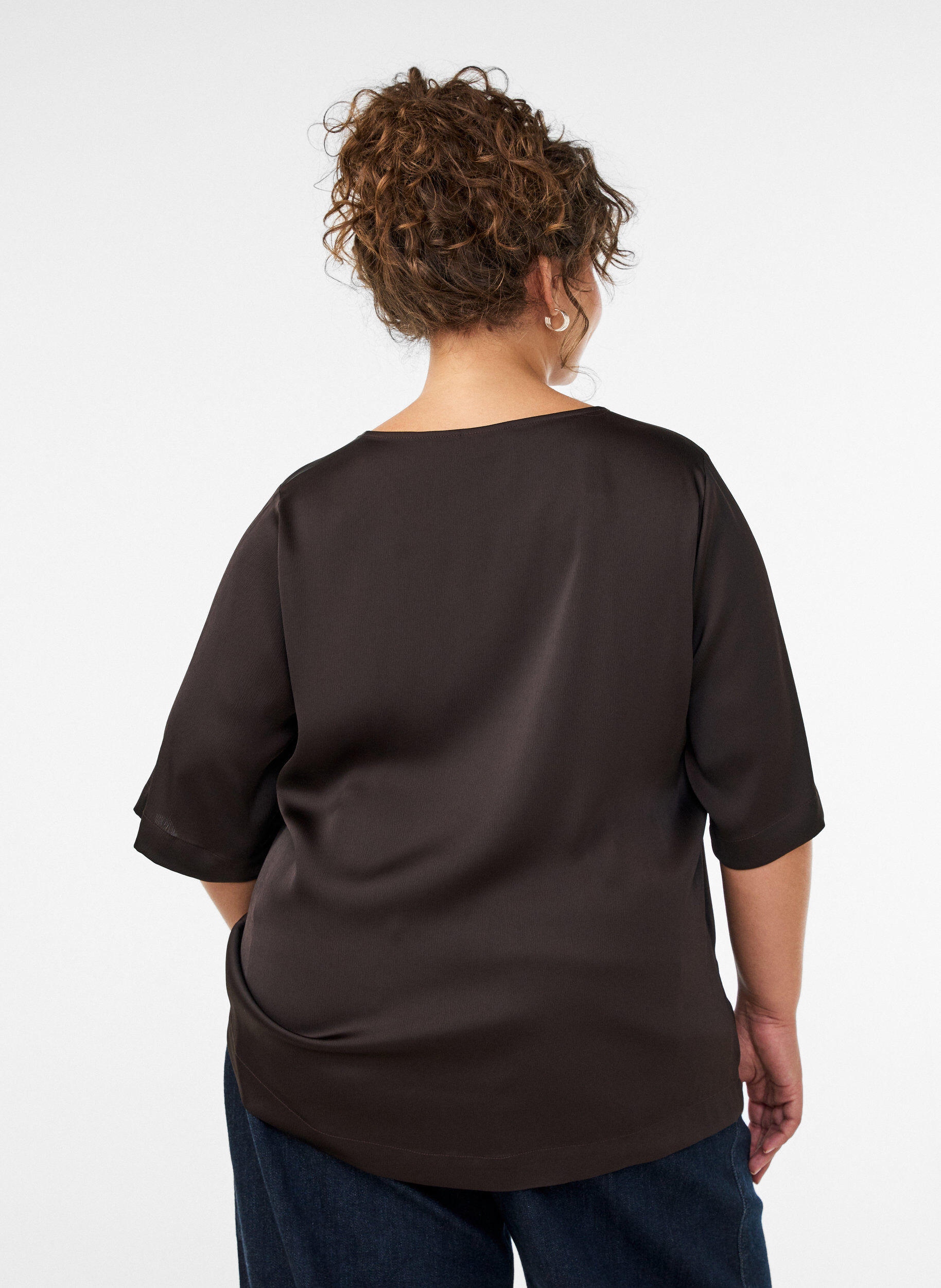 ZizzifashionSatin blouse with elbow-length sleeves, Brown, Model image number 2