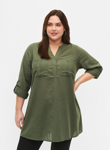 Cotton tunic with 3/4 sleeves, Thyme, Model image number 0