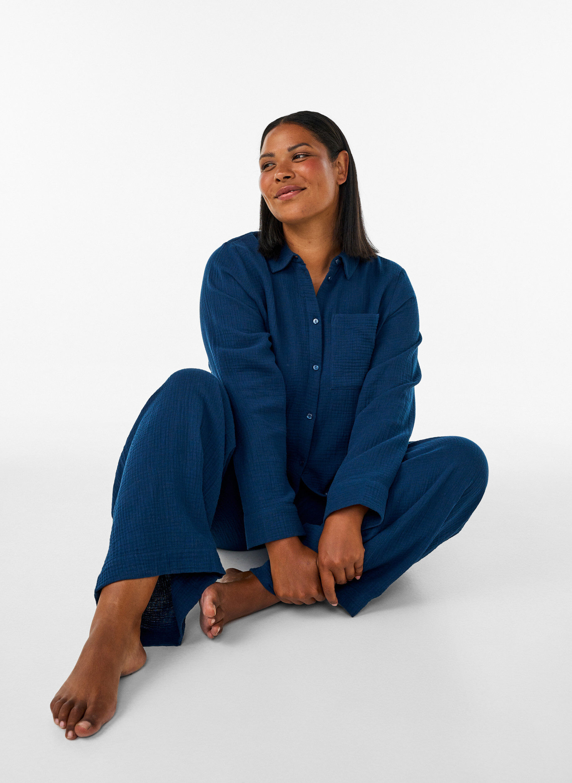 ZizzifashionCotton muslin nightshirt with long sleeves, Blue, Model image number 3