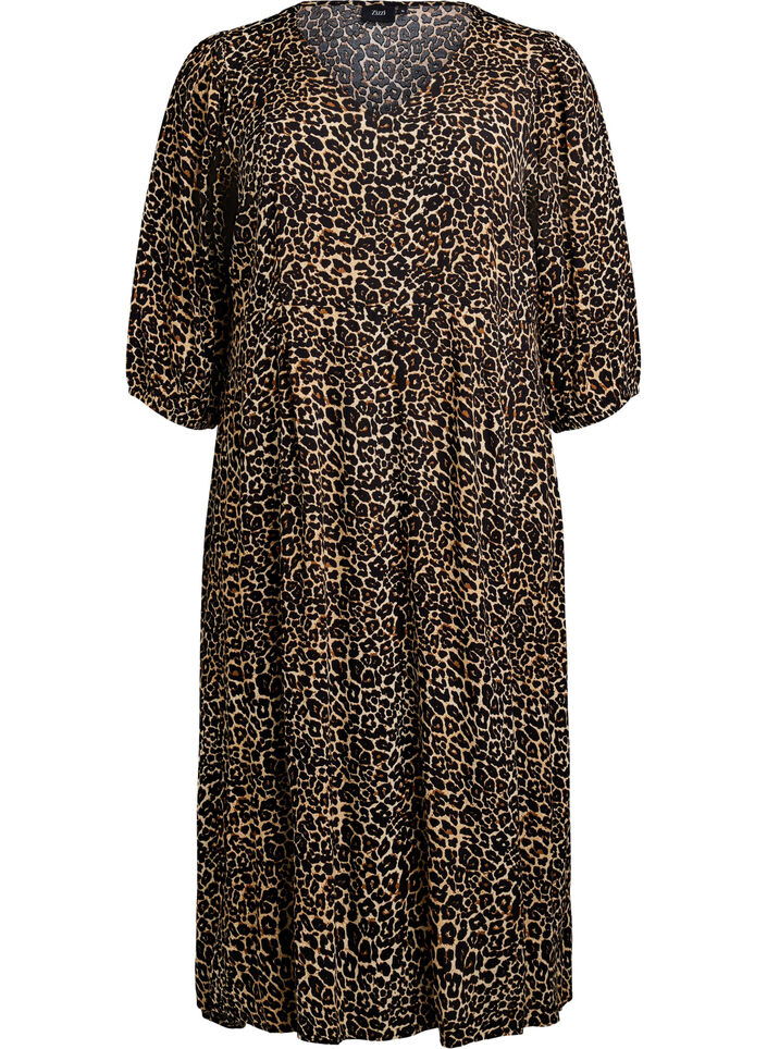Midi dress with leopard print and 3/4 sleeves, Brown, Packshot image number 0