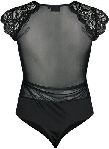 Bodystocking with lace and v-neckline, Black, Packshot image number 1