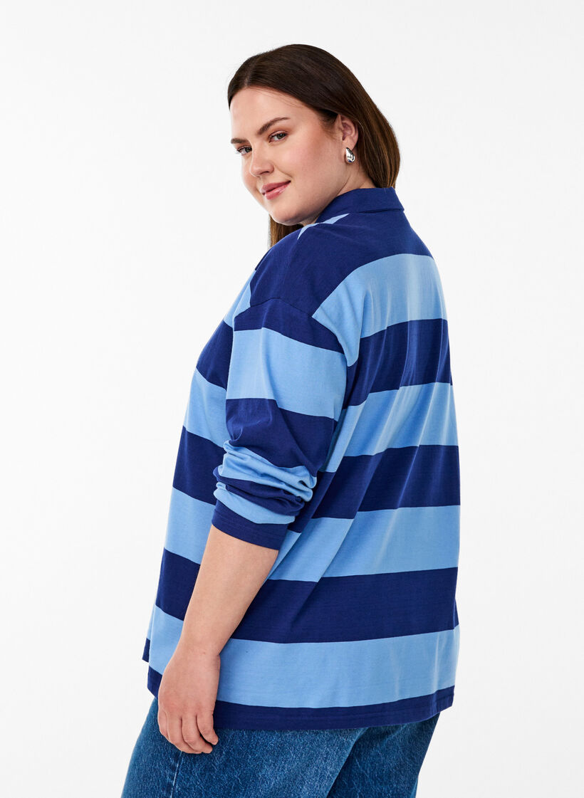 Striped polo shirt with embroidered text, Light Blue, Model image number 2