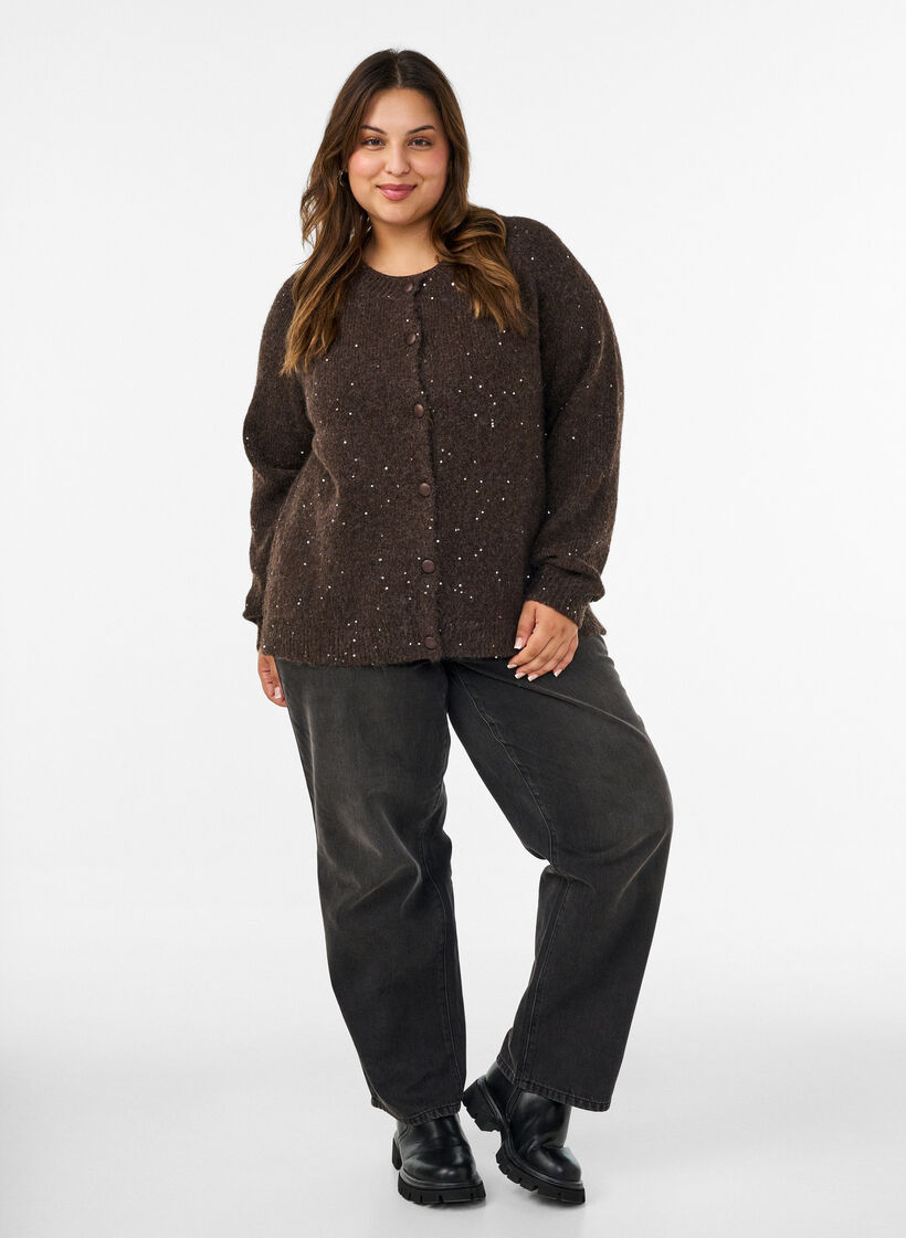 Cardigan with sequins and buttons, Brown, Model image number 1