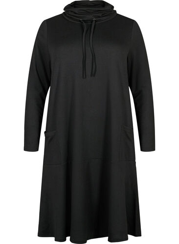 Jersey dress with high neck and pockets, Black, Packshot image number 0
