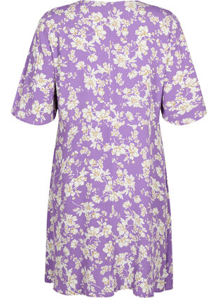 Dress with 1/2 sleeves and floral print in viscose, Purple Flower AOP, Packshot image number 1