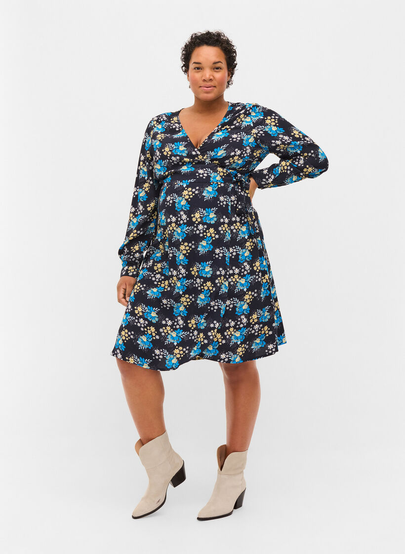 Floral maternity wrap dress in viscose, Blue, Model image number 1