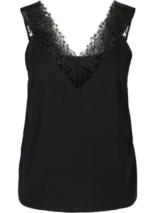 Sleeveless top with v-neck and lace, Black, Packshot image number 0