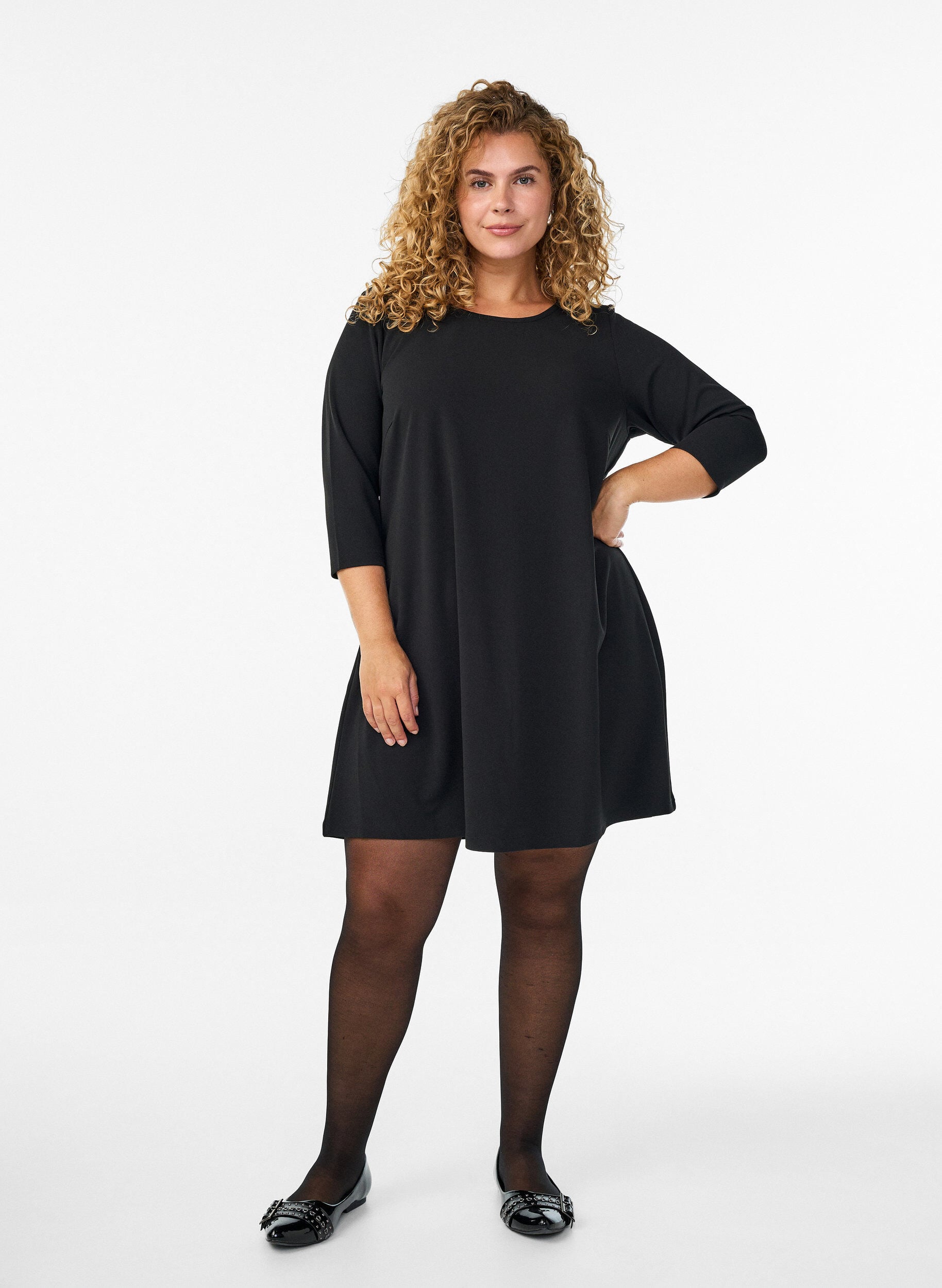 ZizzifashionShort A-line dress with 3/4 sleeves, Black, Model image number 1