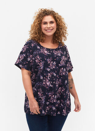 FLASH - Blouse with short sleeves and print, Navy Rose Flower, Model image number 0