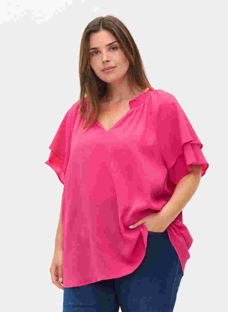 Short-sleeved v-neck blouse, Fuchsia Purple, Model image number 0