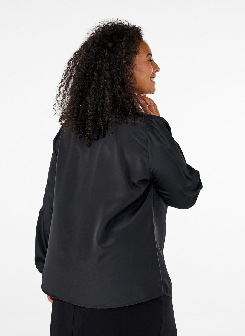 Satin blouse with ruffle detail, Black, Model image number 1