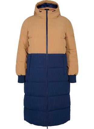 Long winter jacket with colour block, Tobacco Brown w/navy, Packshot image number 0