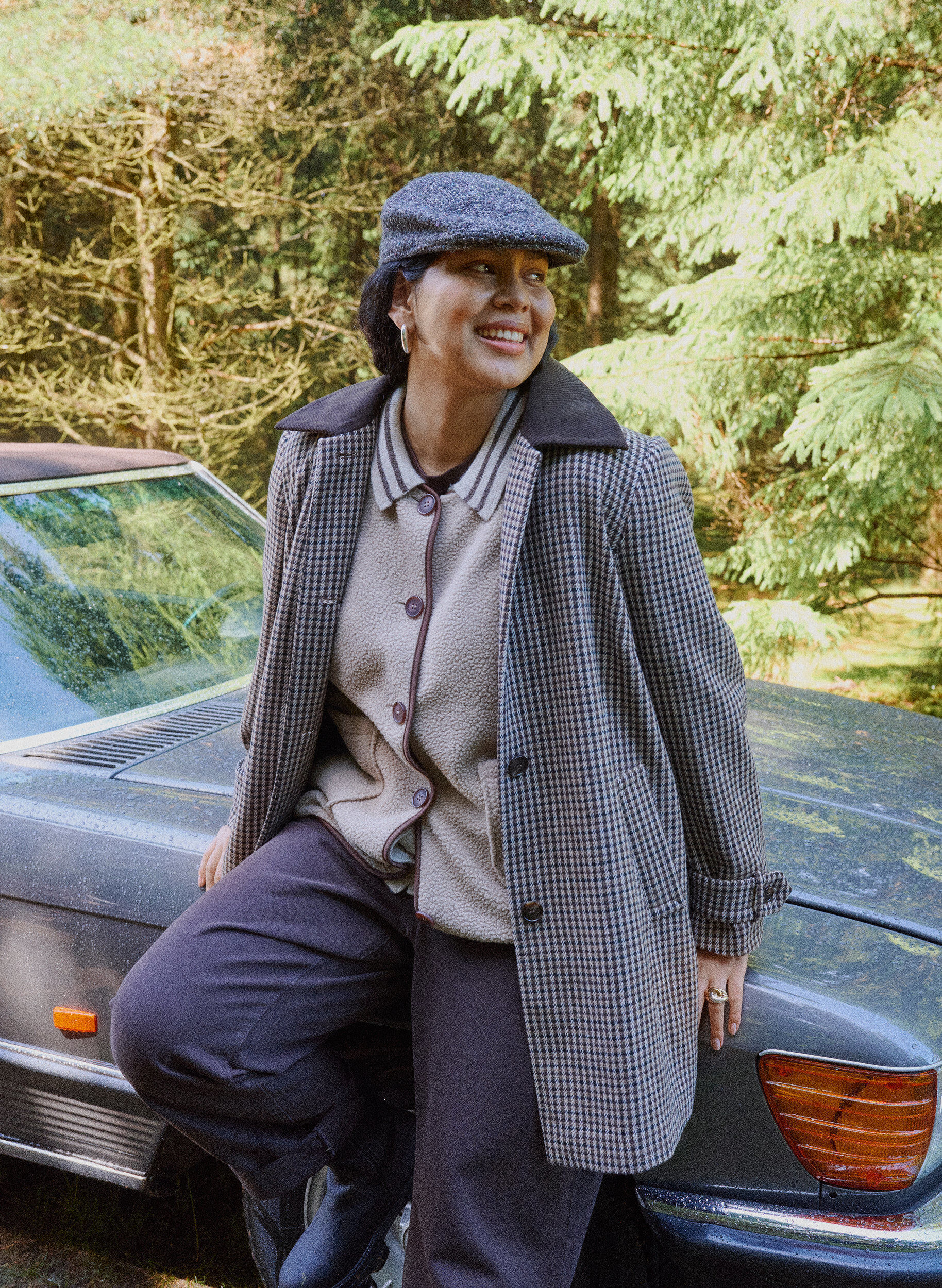 Checked coat with corduroy collar