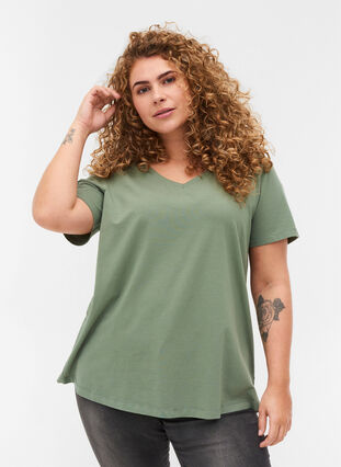 Basic t-shirt with v-neck, Agave Green, Model image number 0