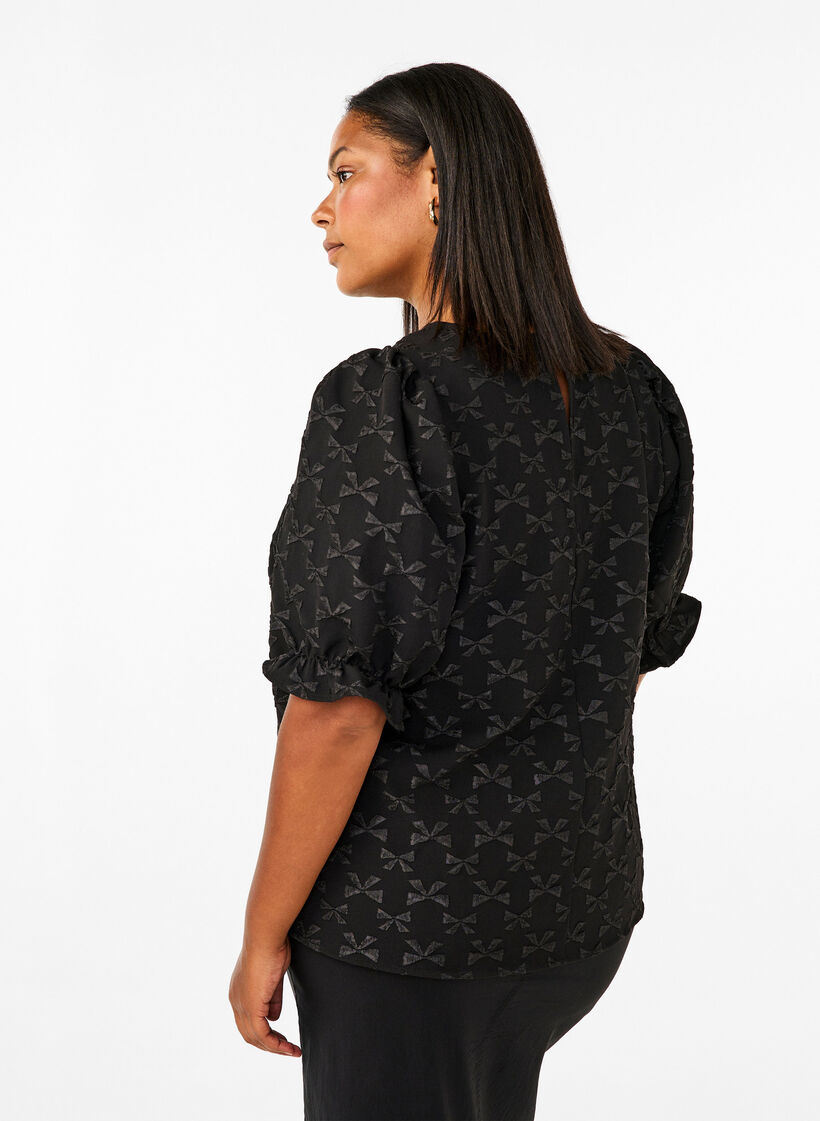 Short-sleeved jacquard blouse with bows, Black W. Bow, Model image number 1