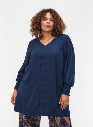 Long-sleeved tunic with smock detail, Navy Blazer, Model image number 0