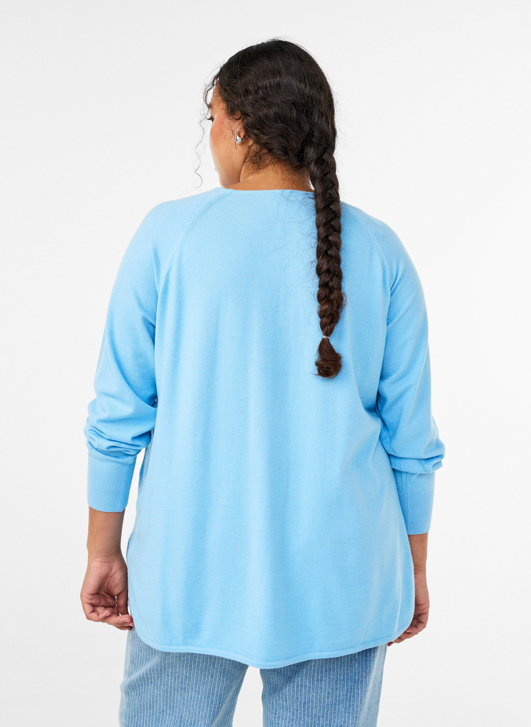 ZizzifashionKnit blouse with round neck and knitted pattern, Light Blue, Model image number 2