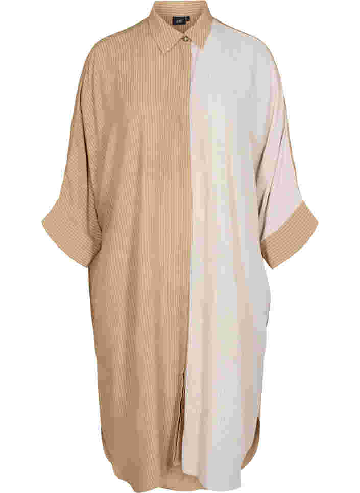 Viscose shirt dress with 3/4 sleeves and colour-block, Praline, Packshot image number 0