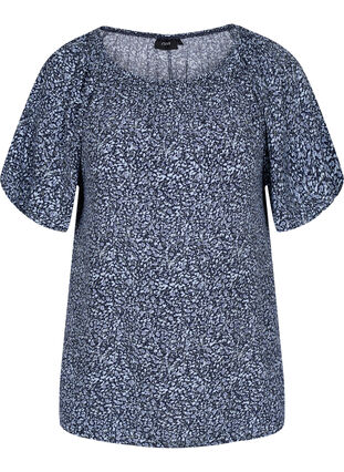 Short-sleeved blouse with floral print, Blue Flower Mix , Packshot image number 0