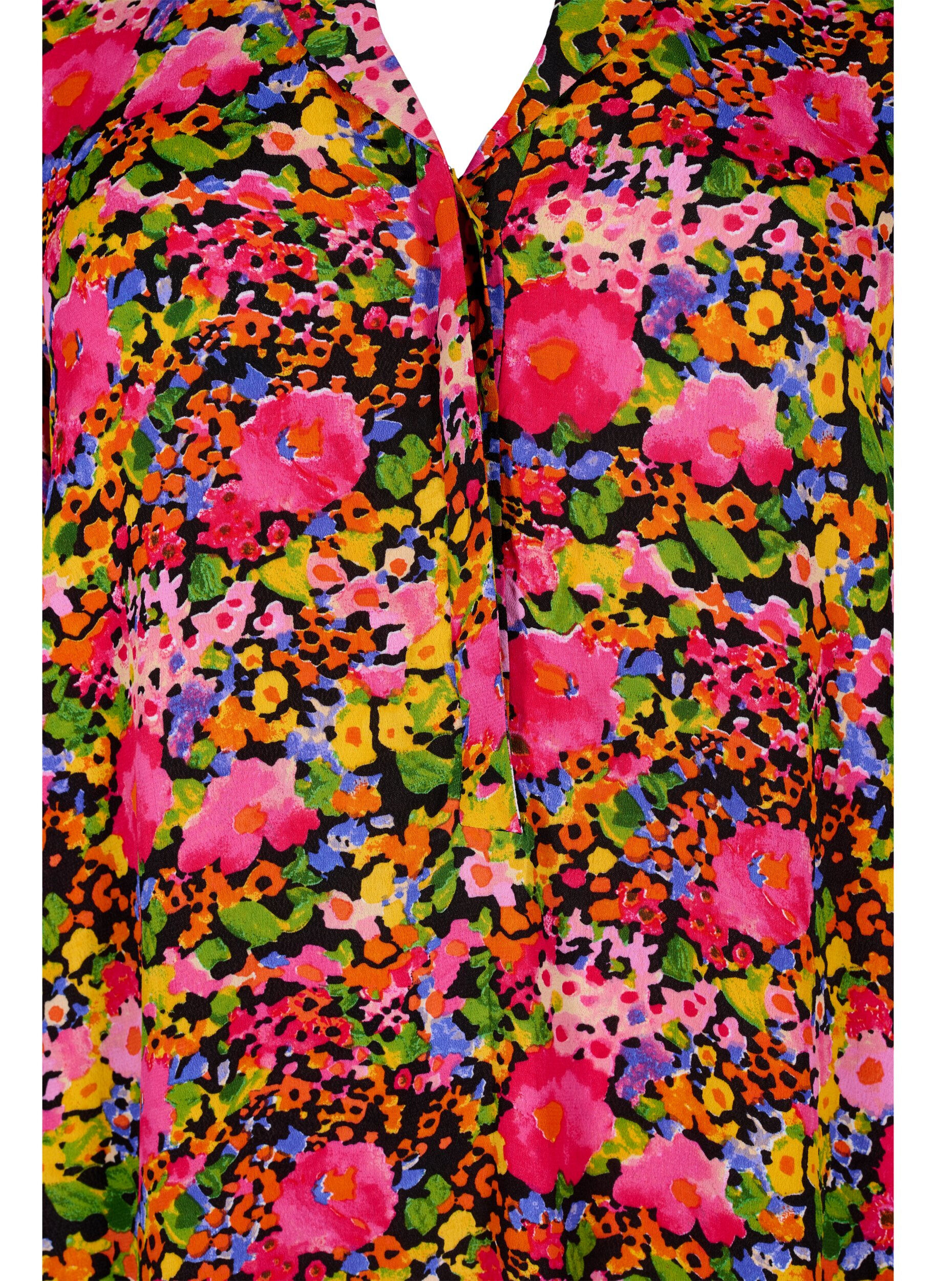 Zizzifashion Floral viscose tunic with 3/4 sleeves, Neon Flower Print, Packshot image number 2