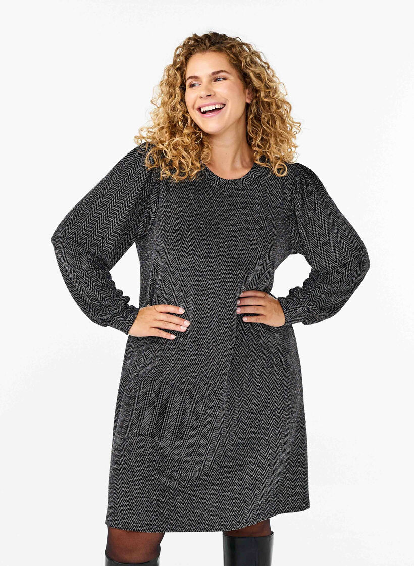 Dress with zigzag pattern and glitter, Silver ZigZagShimmer, Model image number 0