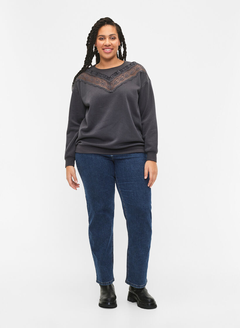 Sweatshirt with ruffle and crochet detail, Dark Grey, Model image number 2