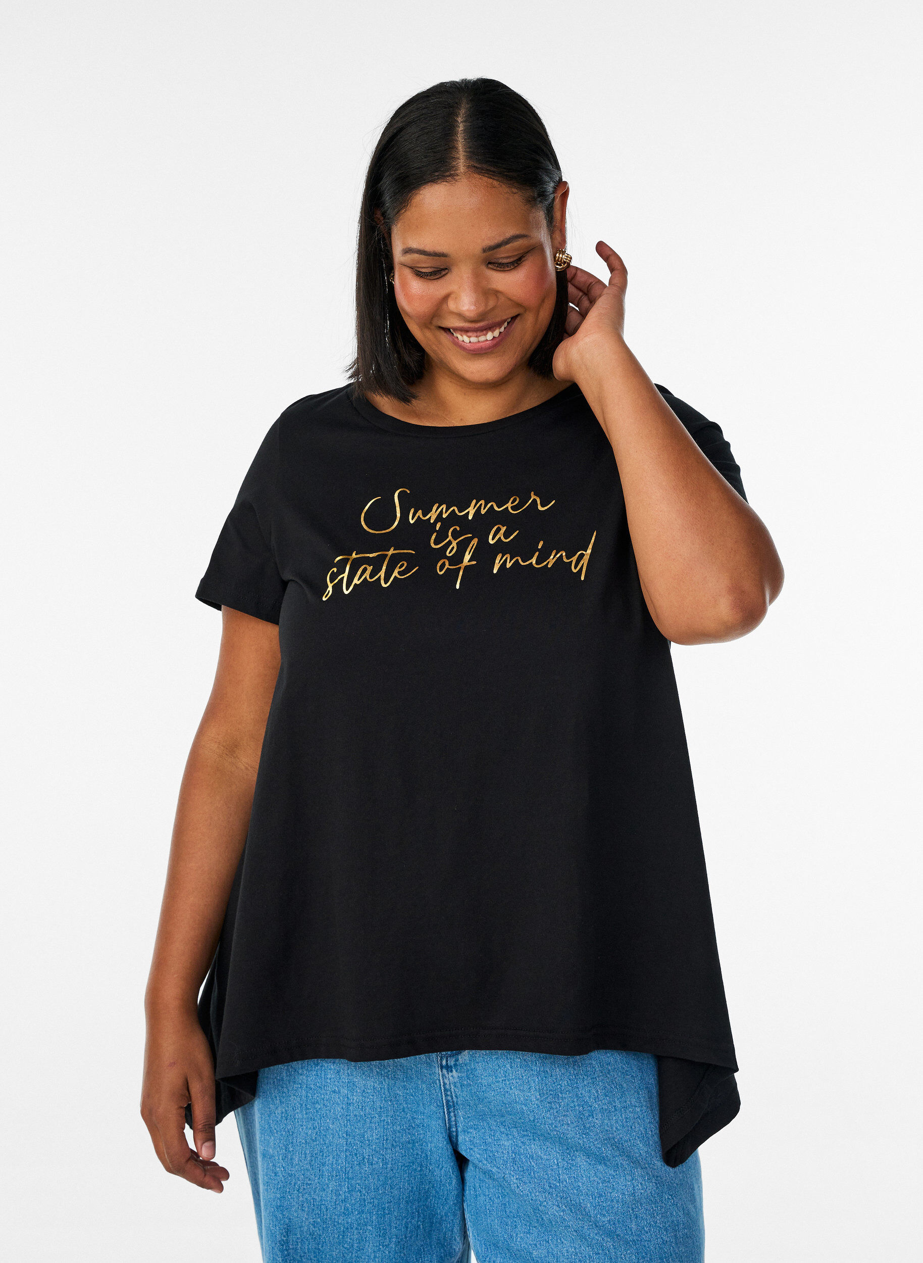 T-shirt with a round neck and A-line shape, Black, Model