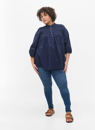 Cotton blouse with 3/4 sleeves and smock, Navy Blazer, Model image number 2