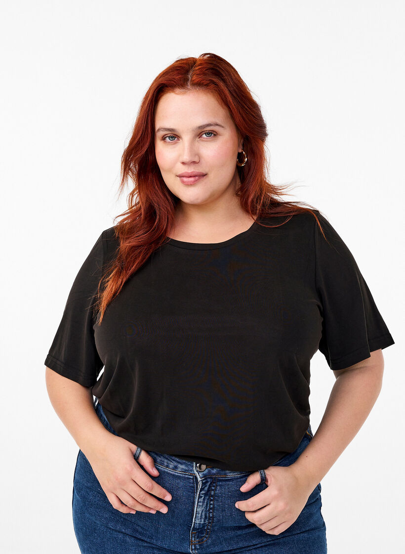 T-shirt with TENCEL™ Modal and round neck, Black, Model image number 0