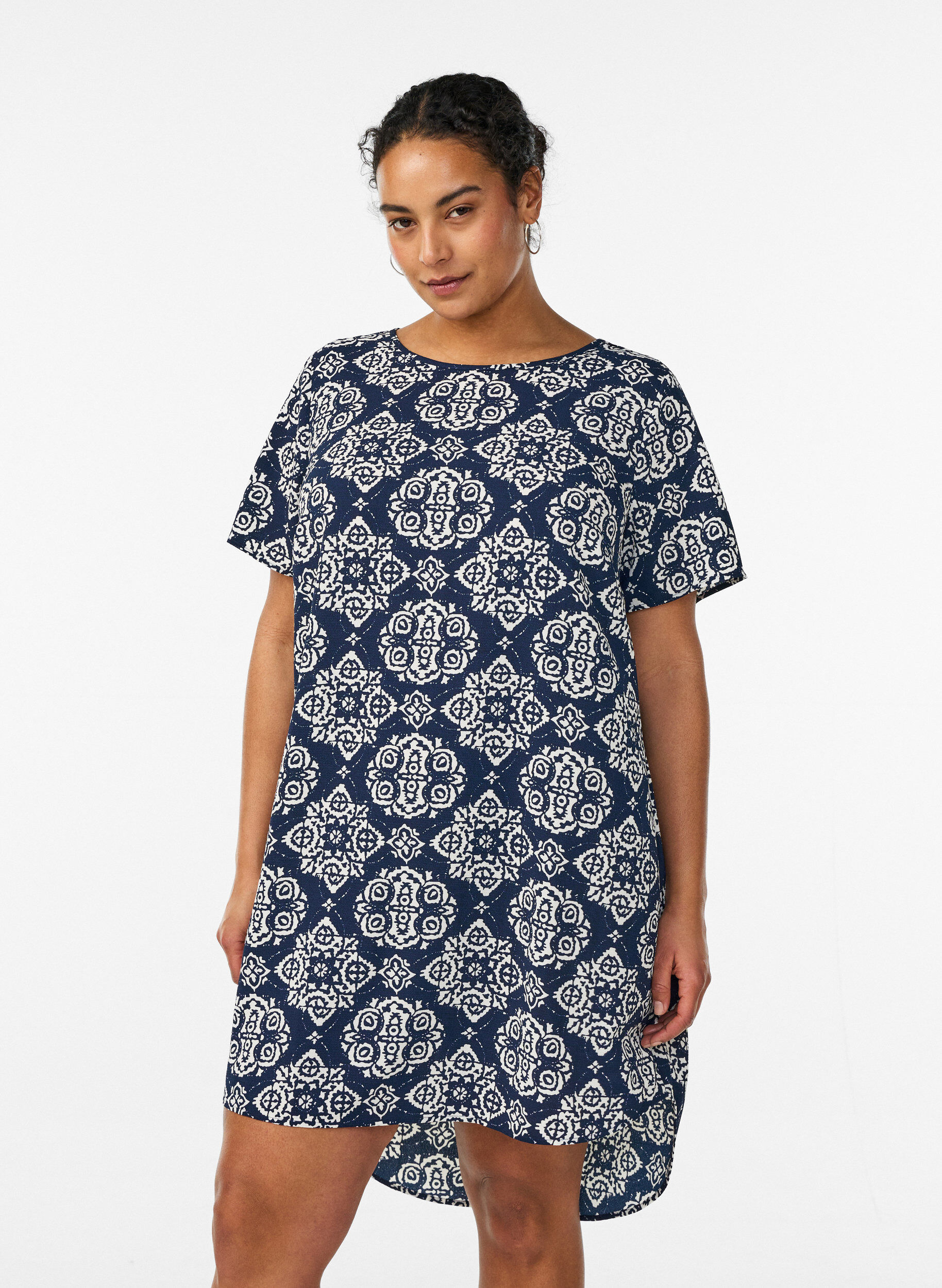 Dress with print and short sleeves, Blue, Model