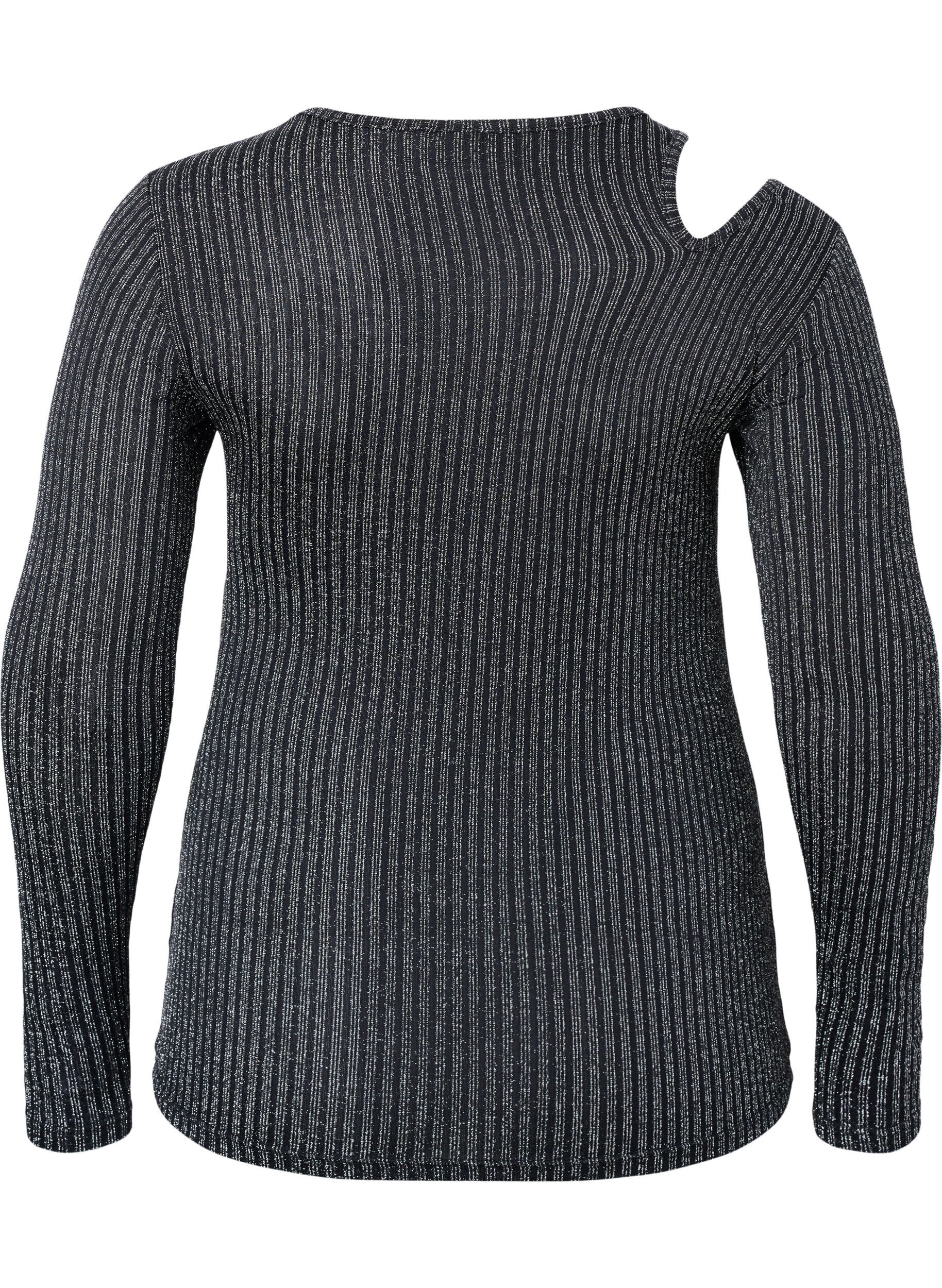 Zizzifashion Long sleeve cut-out blouse with glitter, B. w. Silver Stripes, Packshot image number 1