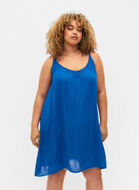 Solid colour strap dress in viscose, Victoria blue, Model