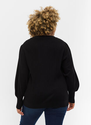 Ribbed blouse with balloon sleeves, Black, Model image number 1