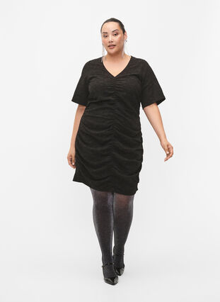 Short-sleeved dress with textured fabric and drapes, Black, Model image number 3
