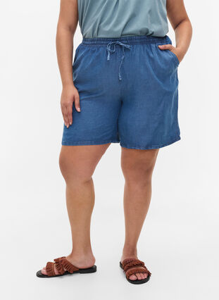 Loose shorts with drawstring and pockets, Blue denim, Model image number 1