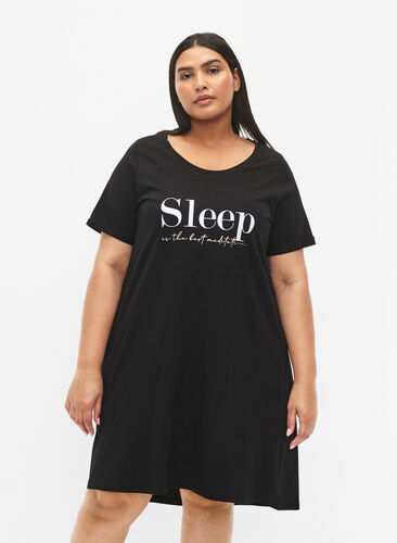 Short-sleeved nightgown in organic cotton, Black Sleep, Model image number 0