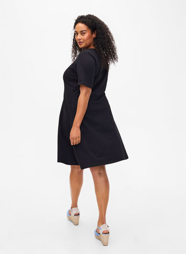 Solid-color cotton dress with short sleeves, Black Solid, Model image number 1