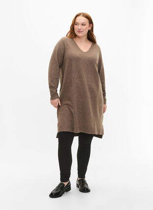 Knitted dress with slit, Walnut/White, Model image number 2