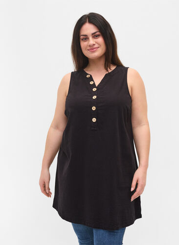 Sleeveless cotton tunic with buttons, Black, Model image number 0