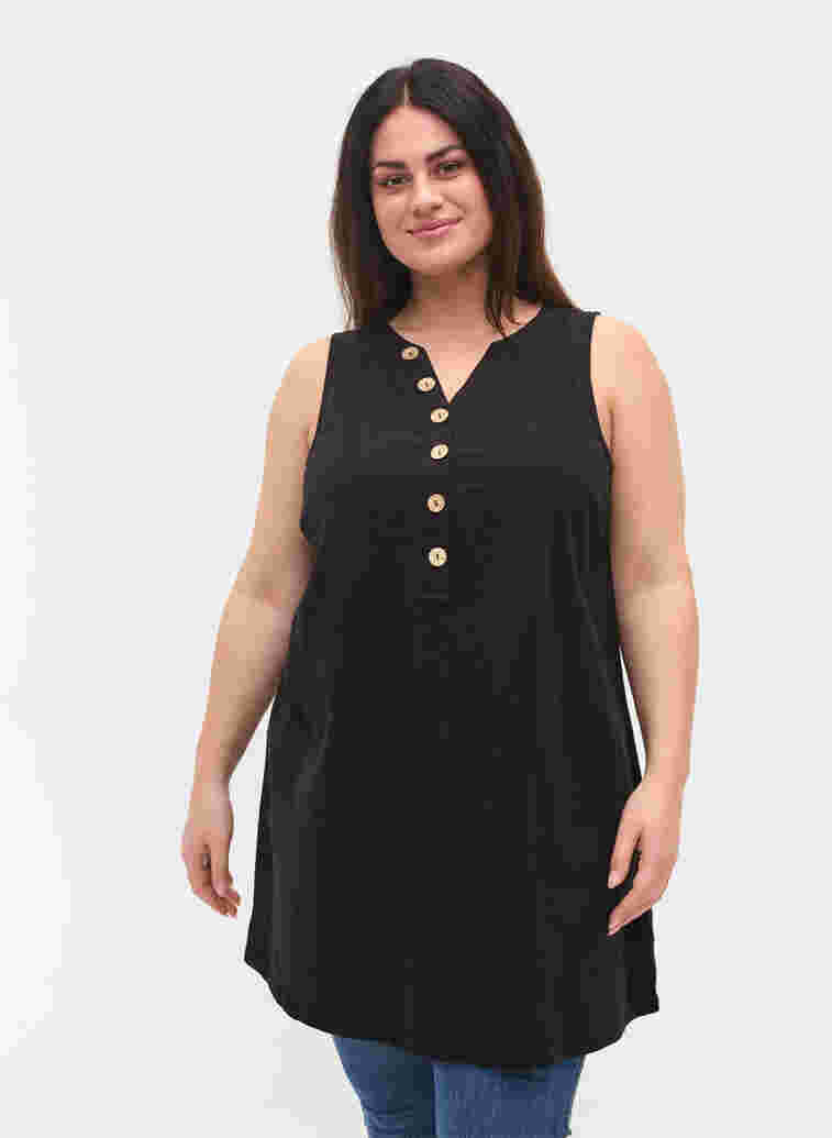 Sleeveless cotton tunic with buttons, Black, Model