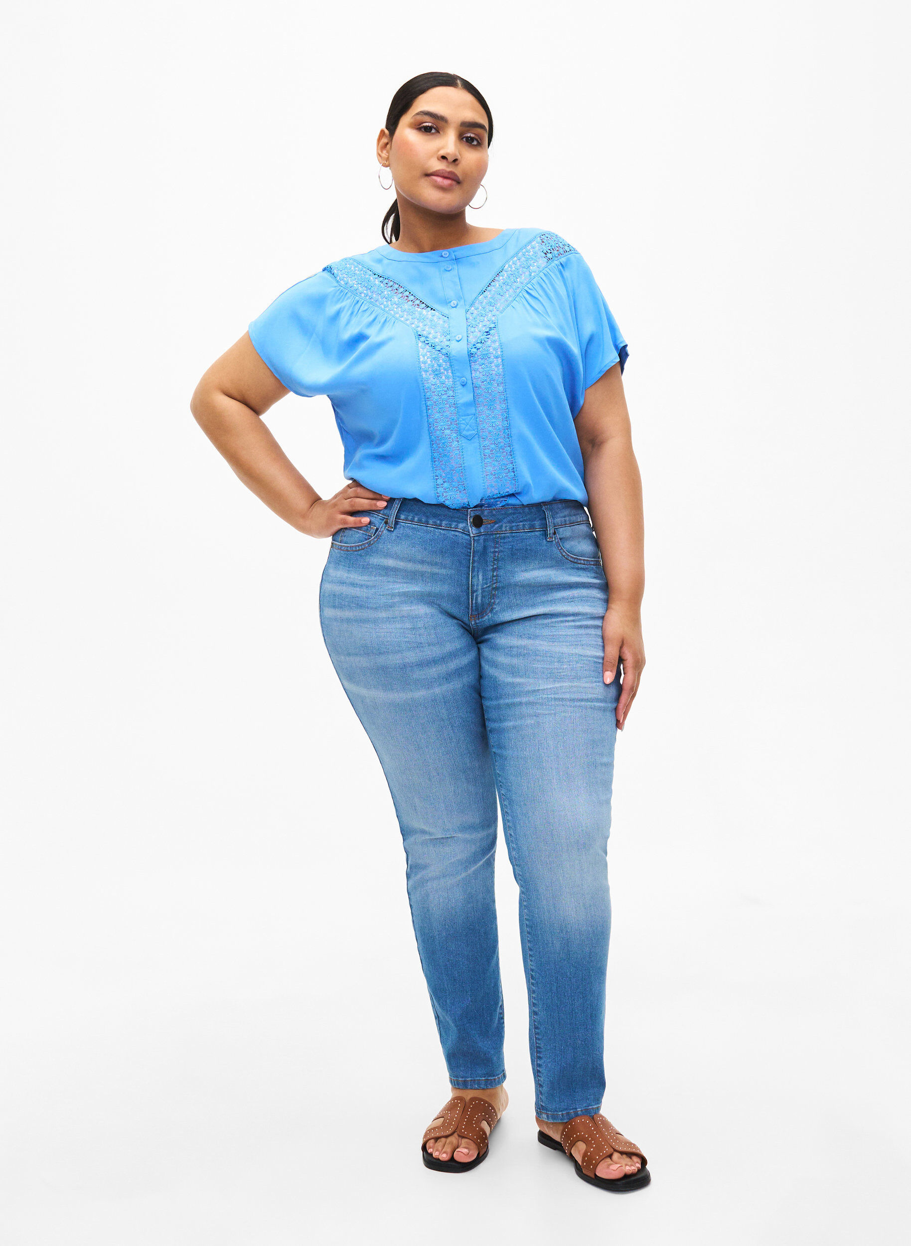 Zizzifashion Viscose blouse with lace trim, Marina, Model image number 2